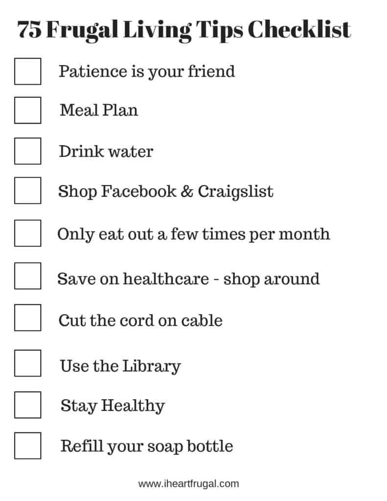 75 Frugal Living Tips Checklist - I Heart Frugal